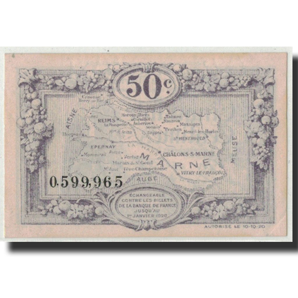 Banconote, Pirot:43-1, SPL-, Marne, 50 Centimes, 1922, Francia