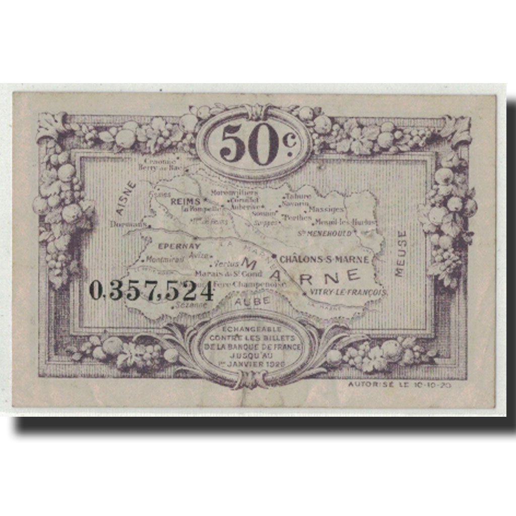 Banknote, Pirot:43-1, 50 Centimes, 1922, France, AU(50-53), Marne