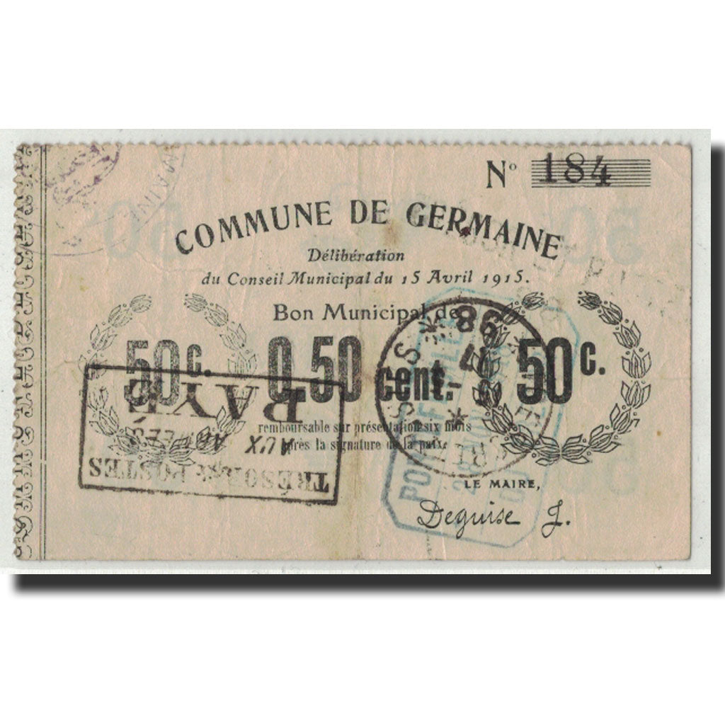Banconote, Pirot:02-1051, BB, Germaine, 50 Centimes, 1915, Francia
