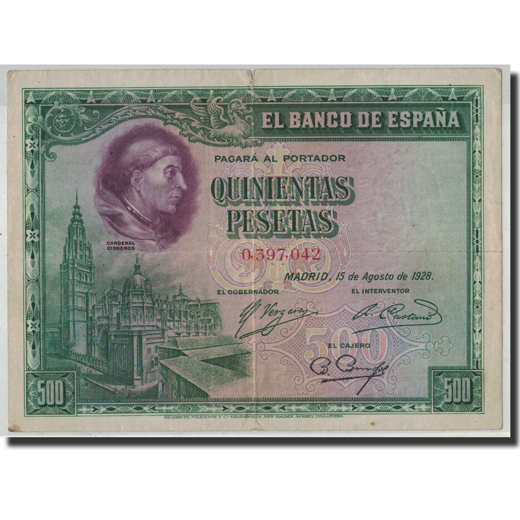 Banknote, Spain, 500 Pesetas, 1928, 1928-08-15, KM:77a, VF(30-35)