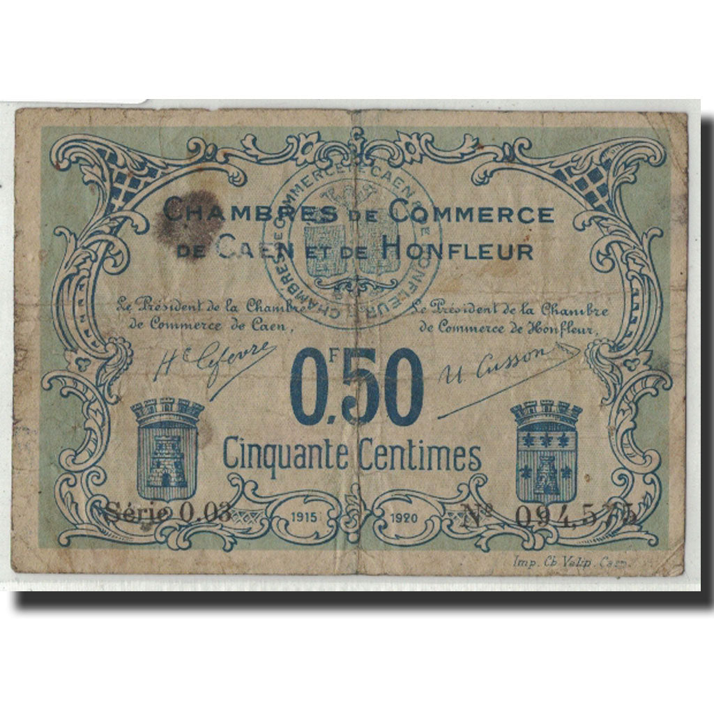 Banknote, Pirot:34-4, 50 Centimes, Undated, France, VG(8-10), Caen et Honfleur