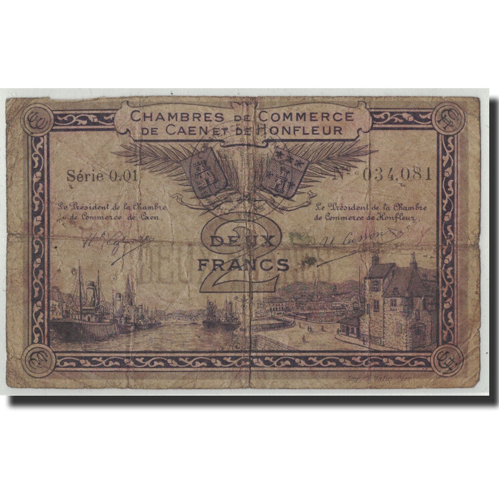 France, Caen et Honfleur, 2 Francs, VG(8-10), Pirot:34-10