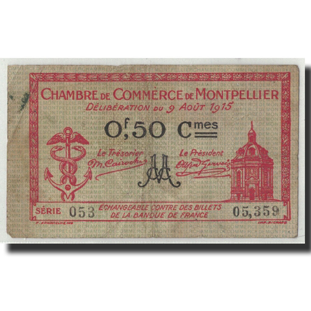 Pirot:85-6, 50 Centimes, 1915, France, VF(20-25), Montpellier