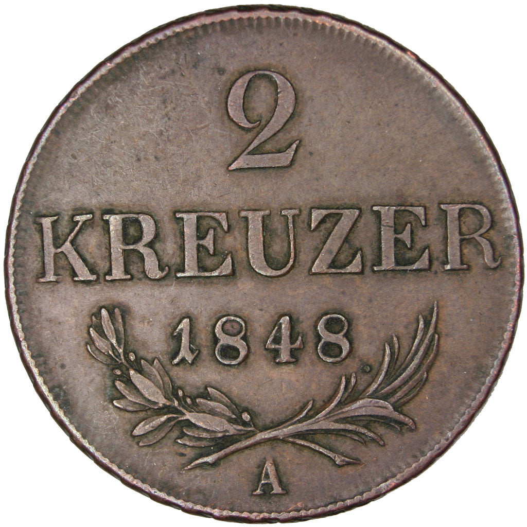 AUSTRIA, 2 Kreuzer, 1848, Vienne, KM #2188, AU(55-58), Copper, 17.86