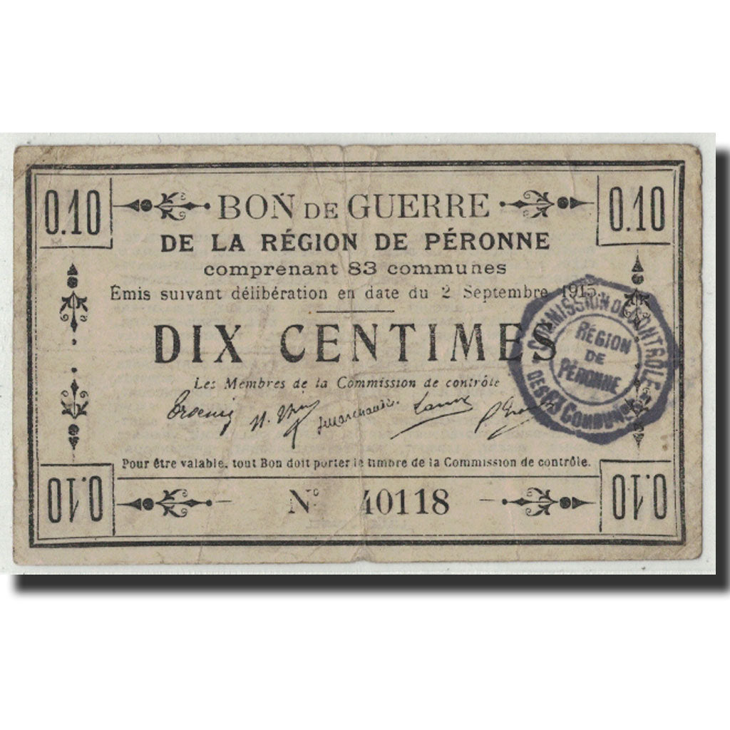 Banconote, Pirot:80-411, MB, Peronne, 10 Centimes, 1915, Francia