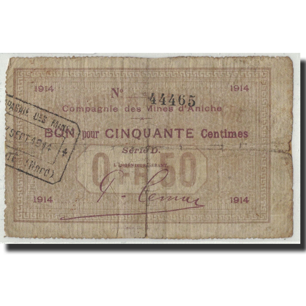 Banknote, Pirot:59.65, 50 Centimes, 1914, France, VG(8-10), Aniche