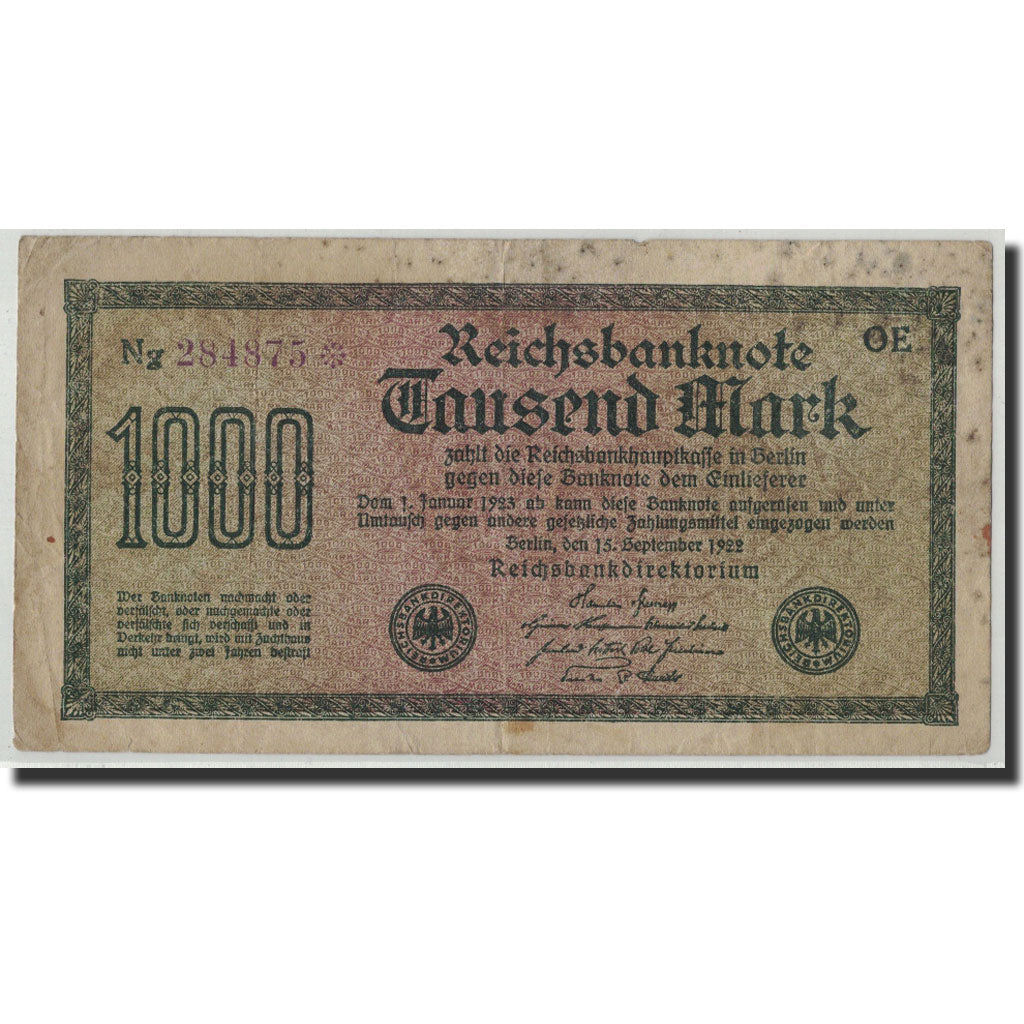 Banknote, Germany, 1000 Mark, 1922, 1922-09-15, KM:76d, F(12-15)