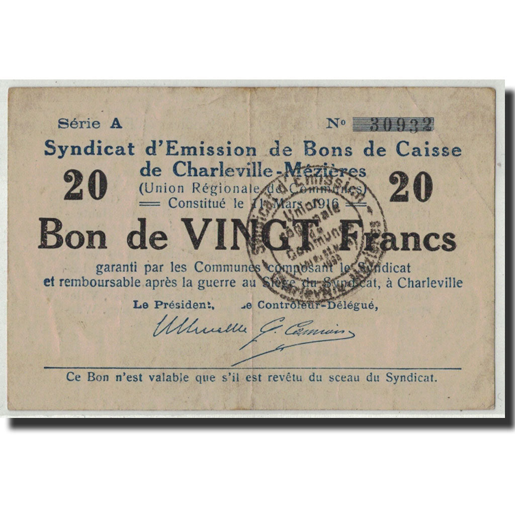 France, Charleville-Mézières, 20 Francs, 1916, VF(20-25), Pirot:08-93