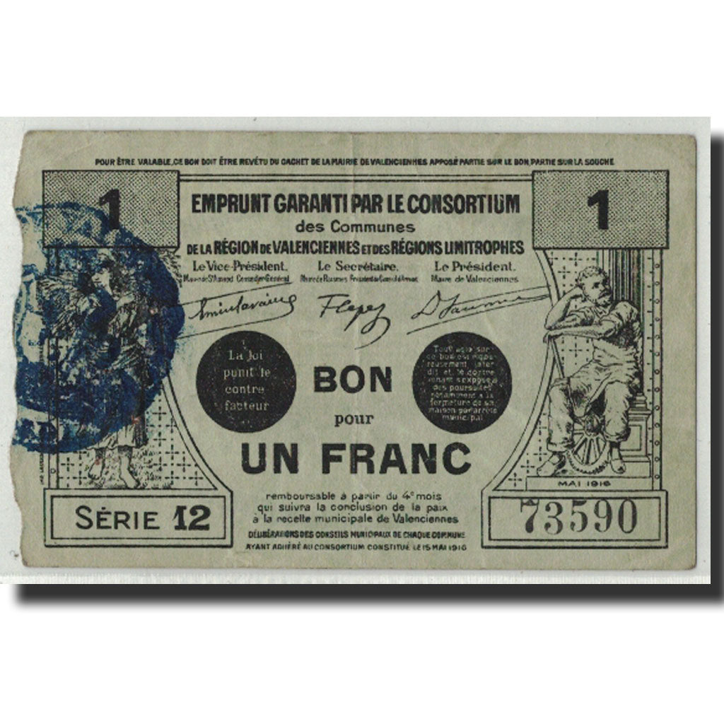Banconote, Pirot:59-2566, BB, Valenciennes, 1 Franc, 1916, Francia