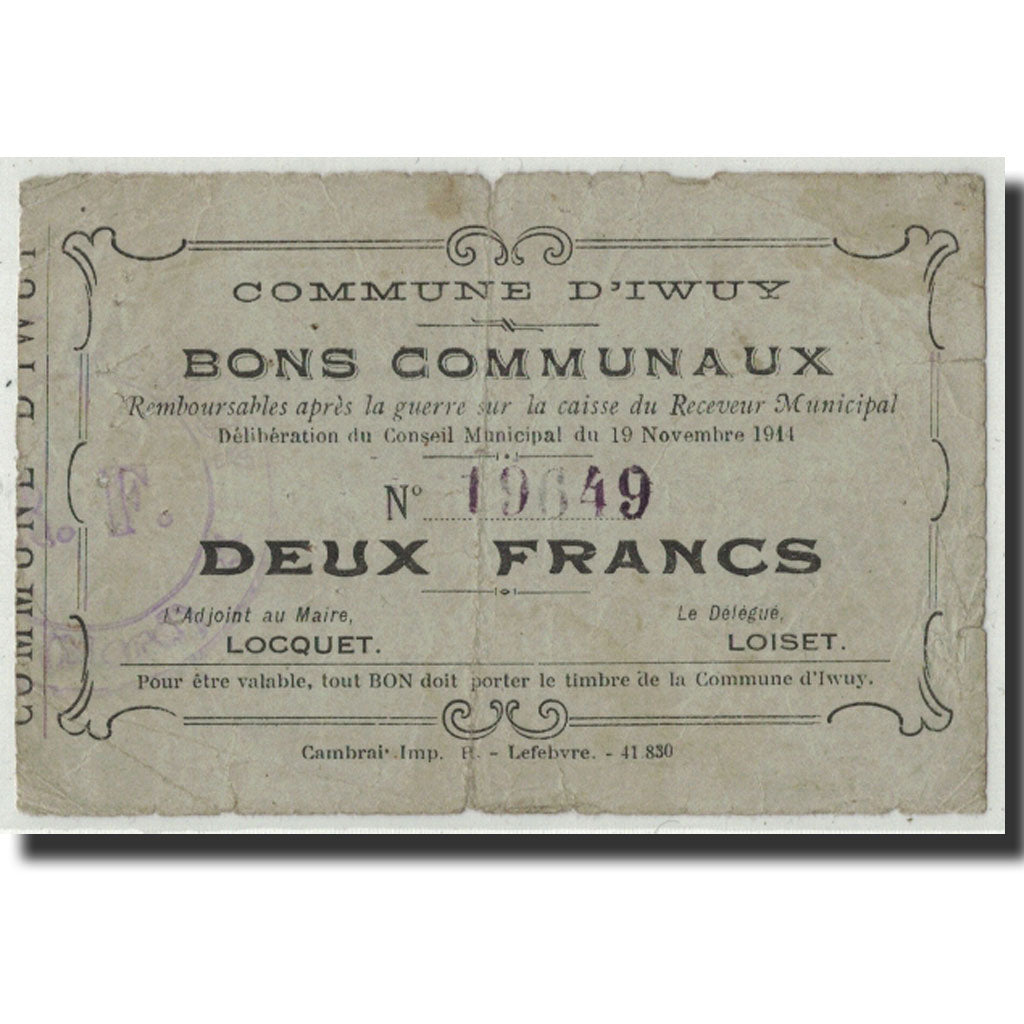 France, Iwuy, 2 Francs, 1914, B+, Pirot:59-1400