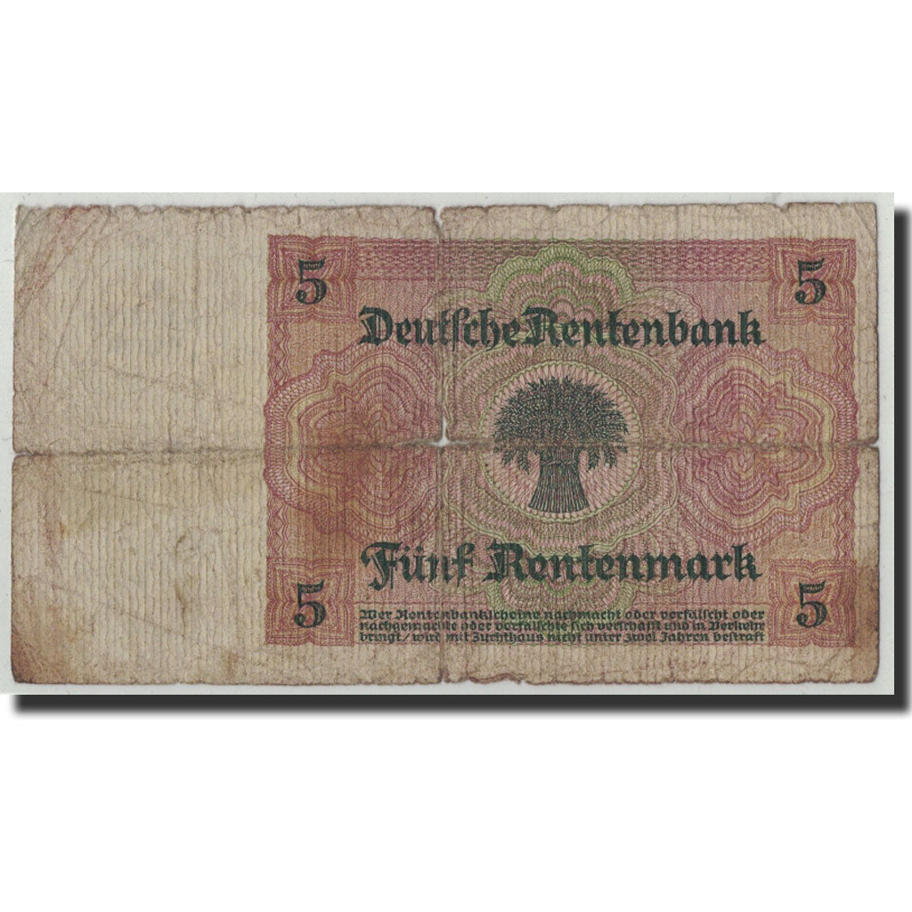 Banknote, Germany, 5 Rentenmark, 1926, 1926-01-02, KM:169, VG(8-10)