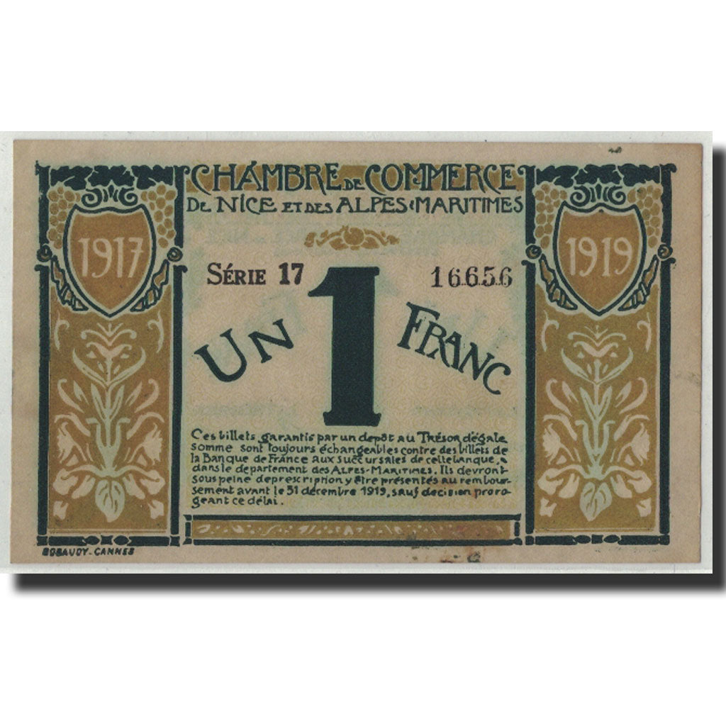Pirot:91-5, 1 Franc, 1917, France, AU(55-58), Nice
