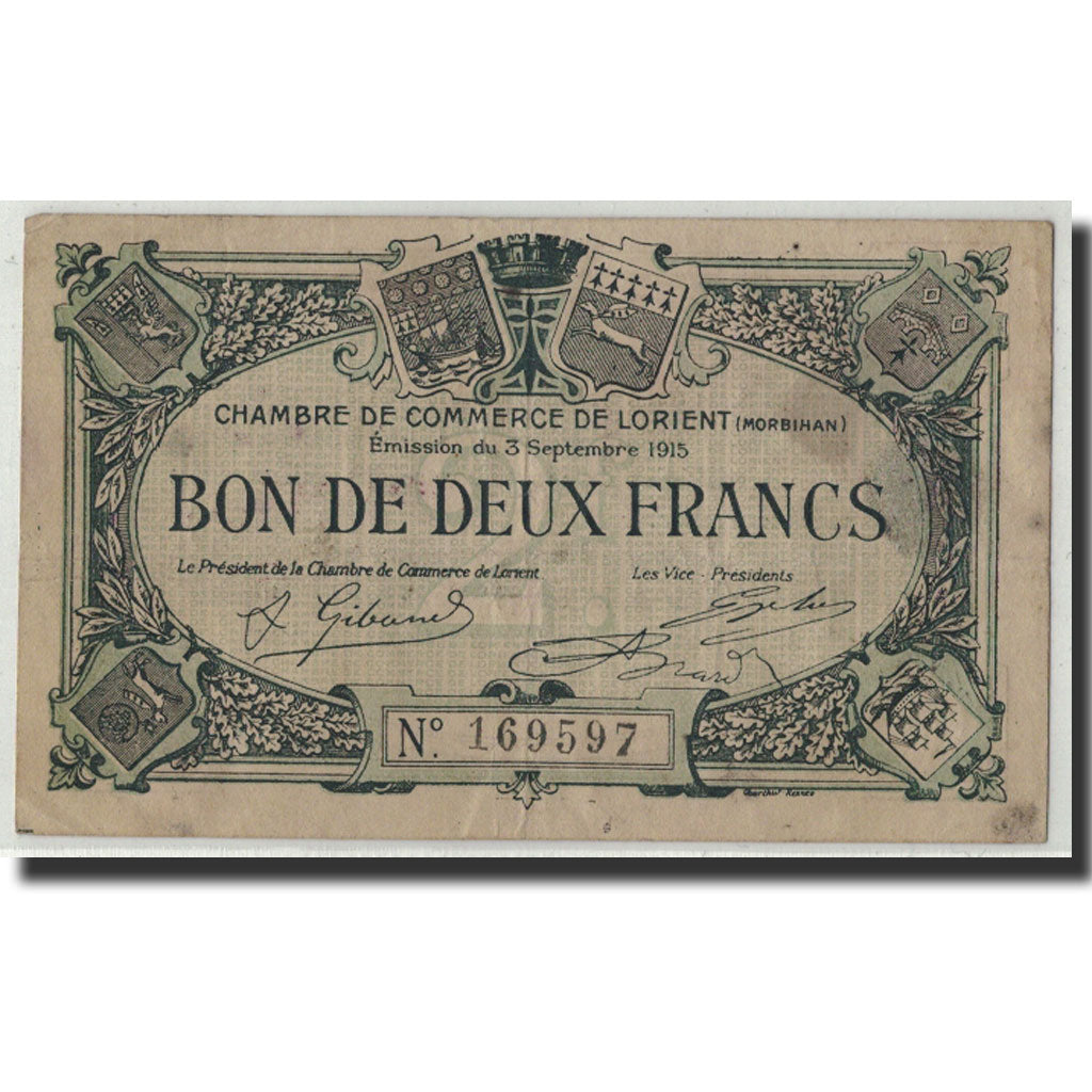 France, Lorient, 2 Francs, 1915, VF(20-25), Pirot:75-3