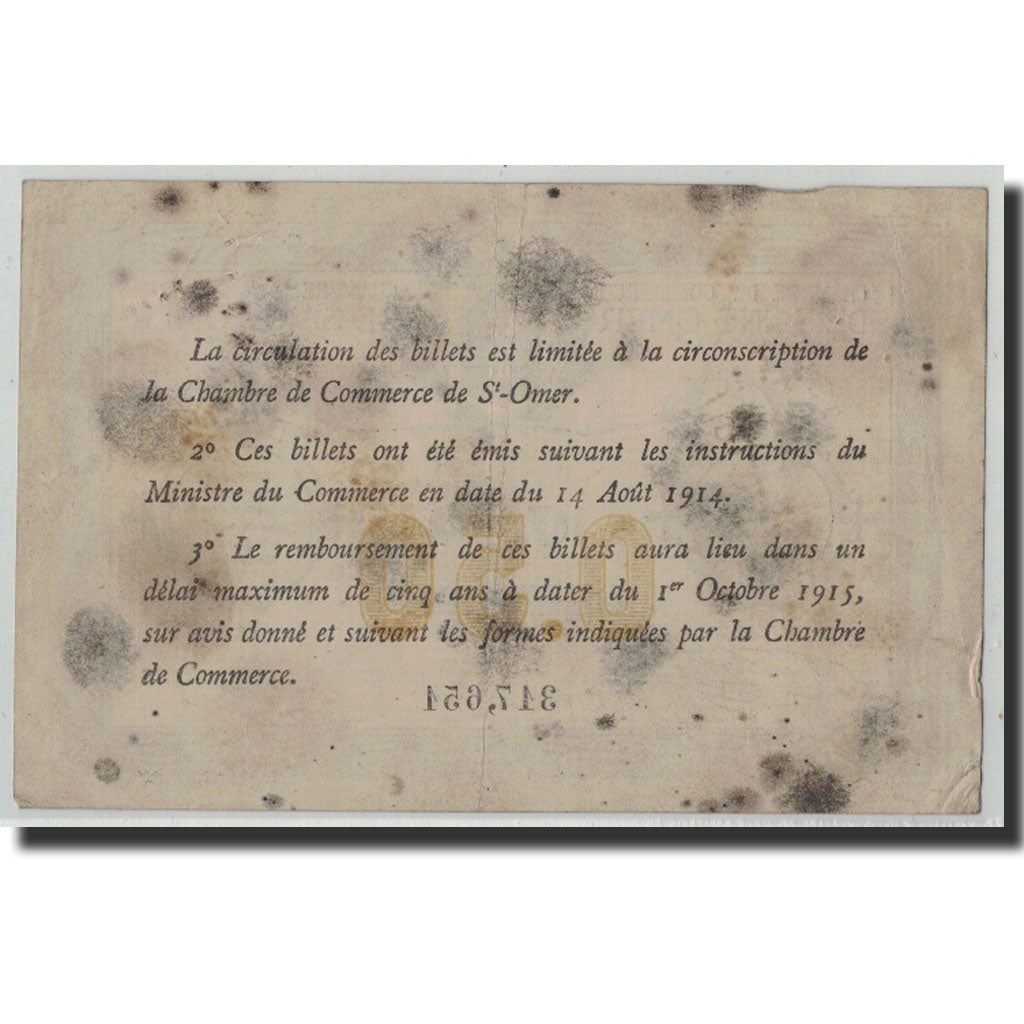 Pirot:115-1, 50 Centimes, 1914, France, VF(20-25), Saint-Omer