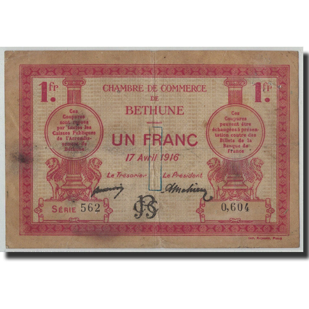 Pirot:26-17, 1 Franc, 1916, France, VF(20-25), Béthune