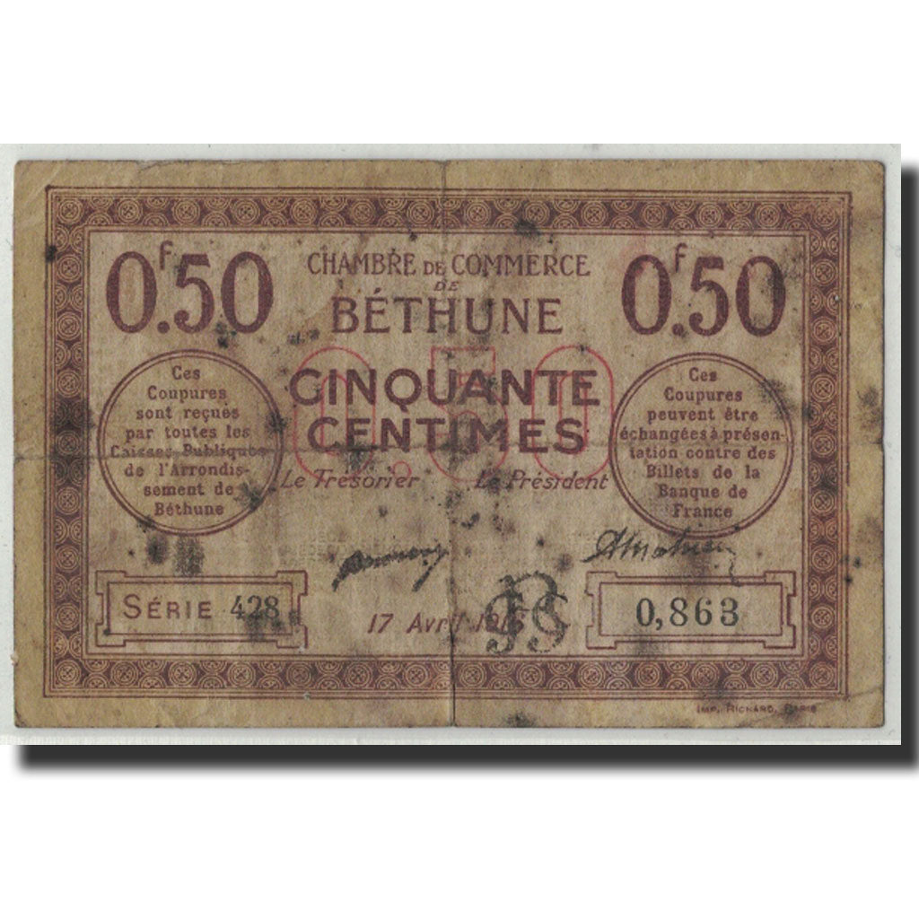 Pirot:26-15, 50 Centimes, 1916, France, F(12-15), Béthune