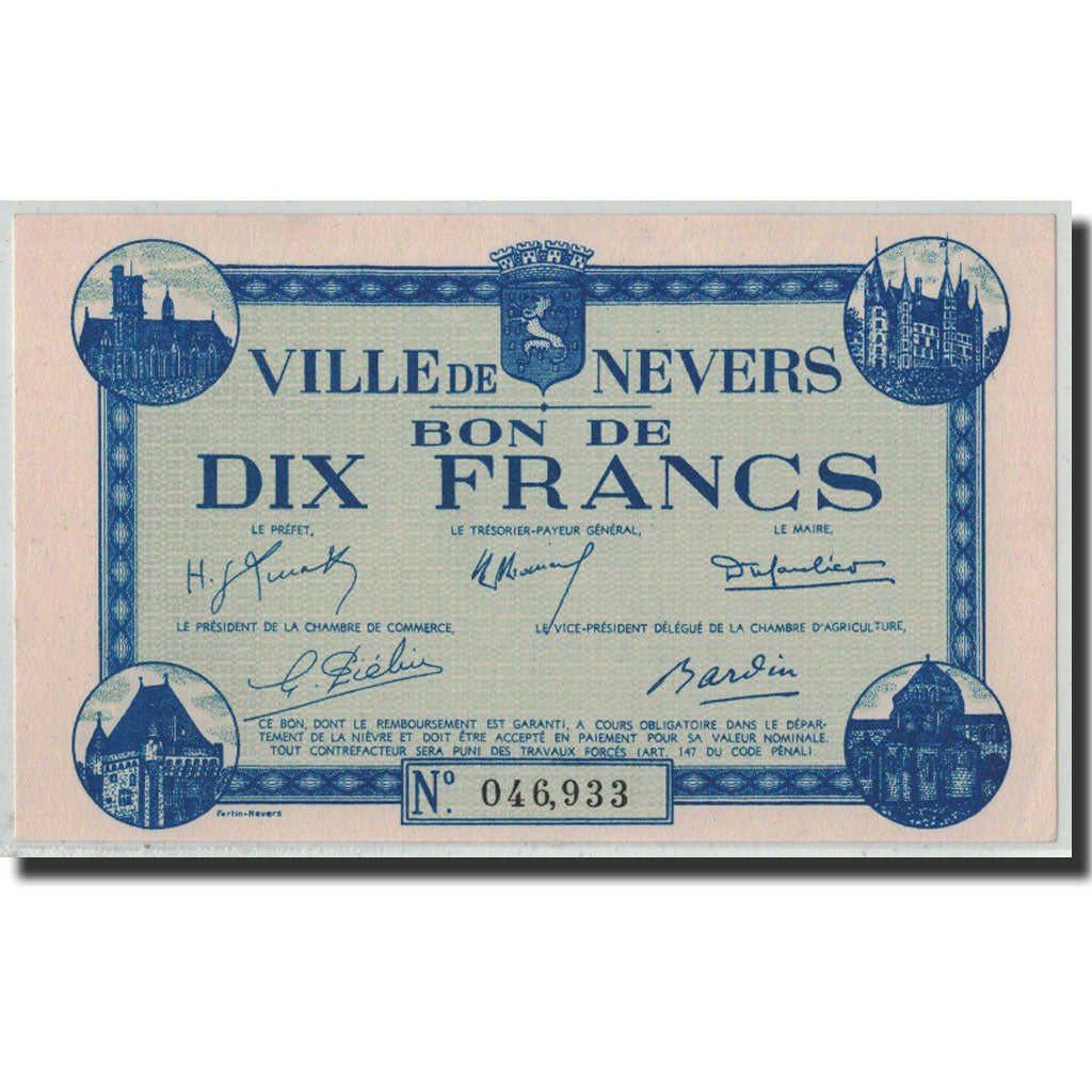 10 Francs, 1940, France, UNC(63), Nevers