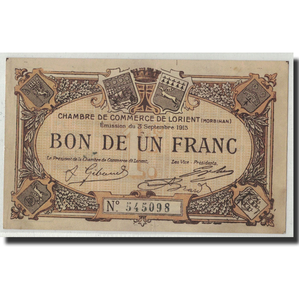 Pirot:75-2, 1 Franc, 1915, France, AU(55-58), Lorient