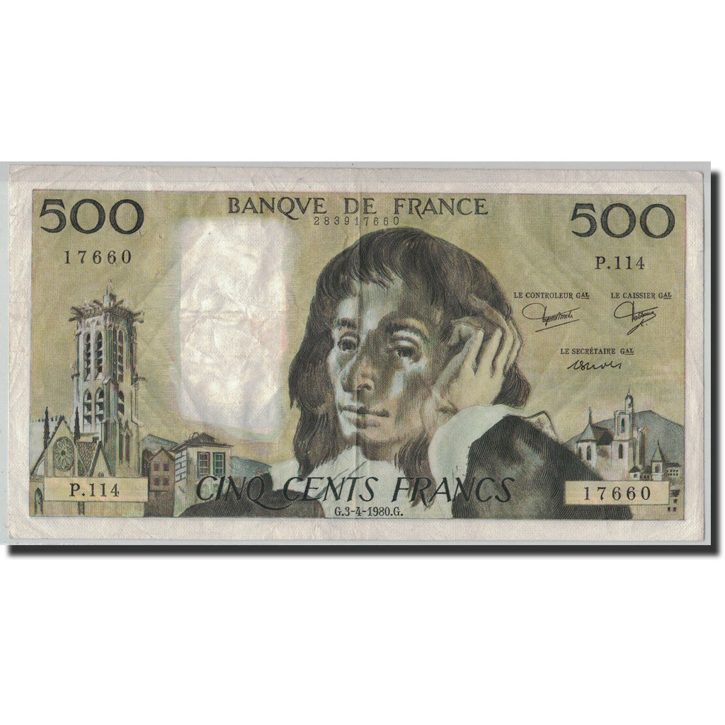 France, 500 Francs Pascal, KM:156e, Fayette:71.21, 1980-04-03, VF(20-25)
