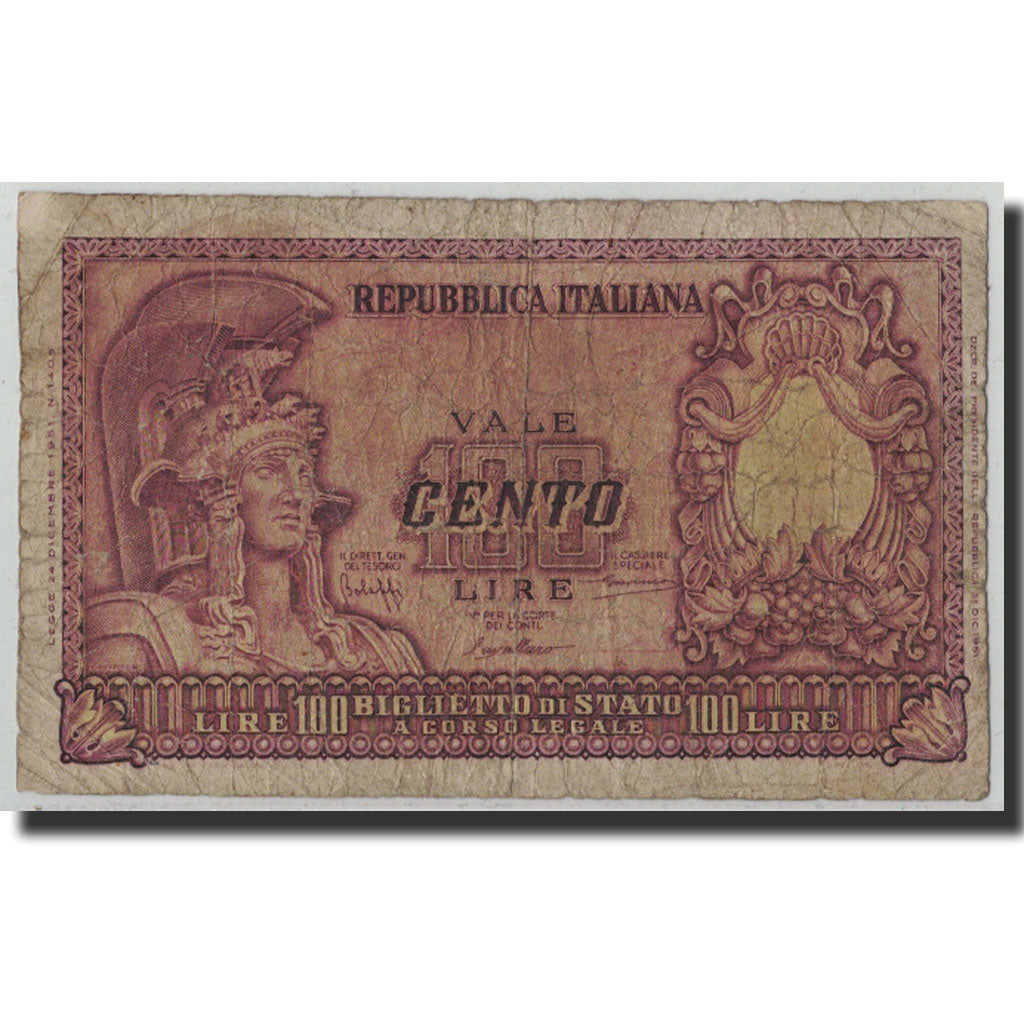 Banknote, Italy, 100 Lire, 1951, 1951-12-31, KM:92a, VG(8-10)