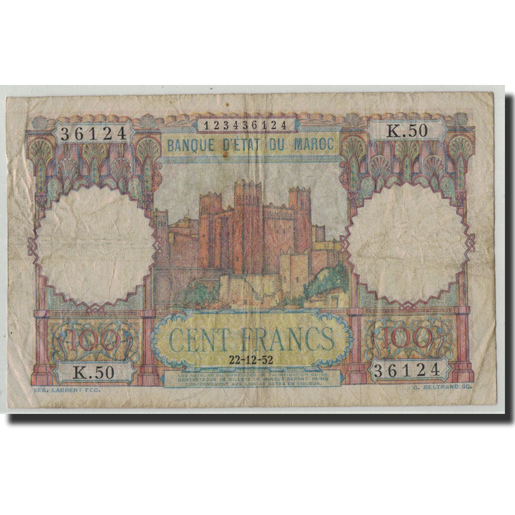 Banknote, Morocco, 100 Francs, 1952, 1952-12-22, KM:45, VG(8-10)