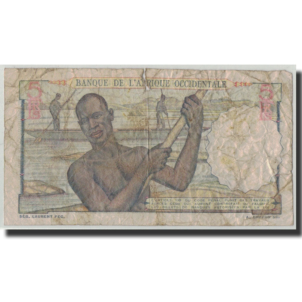 Banknote, French West Africa, 5 Francs, 1953, 1953-04-10, KM:36, VG(8-10)
