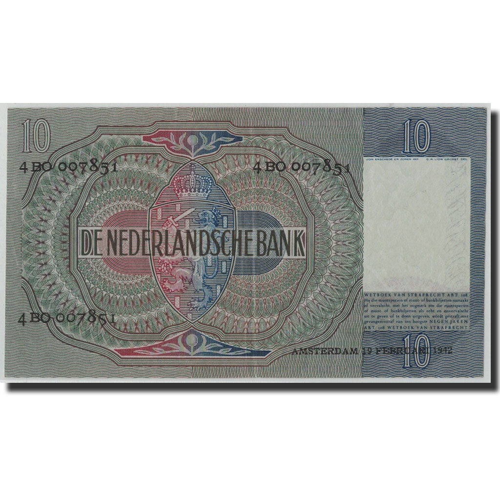 Banknote, Netherlands, 10 Gulden, 1942, 1942-09-19, KM:56b, EF(40-45)