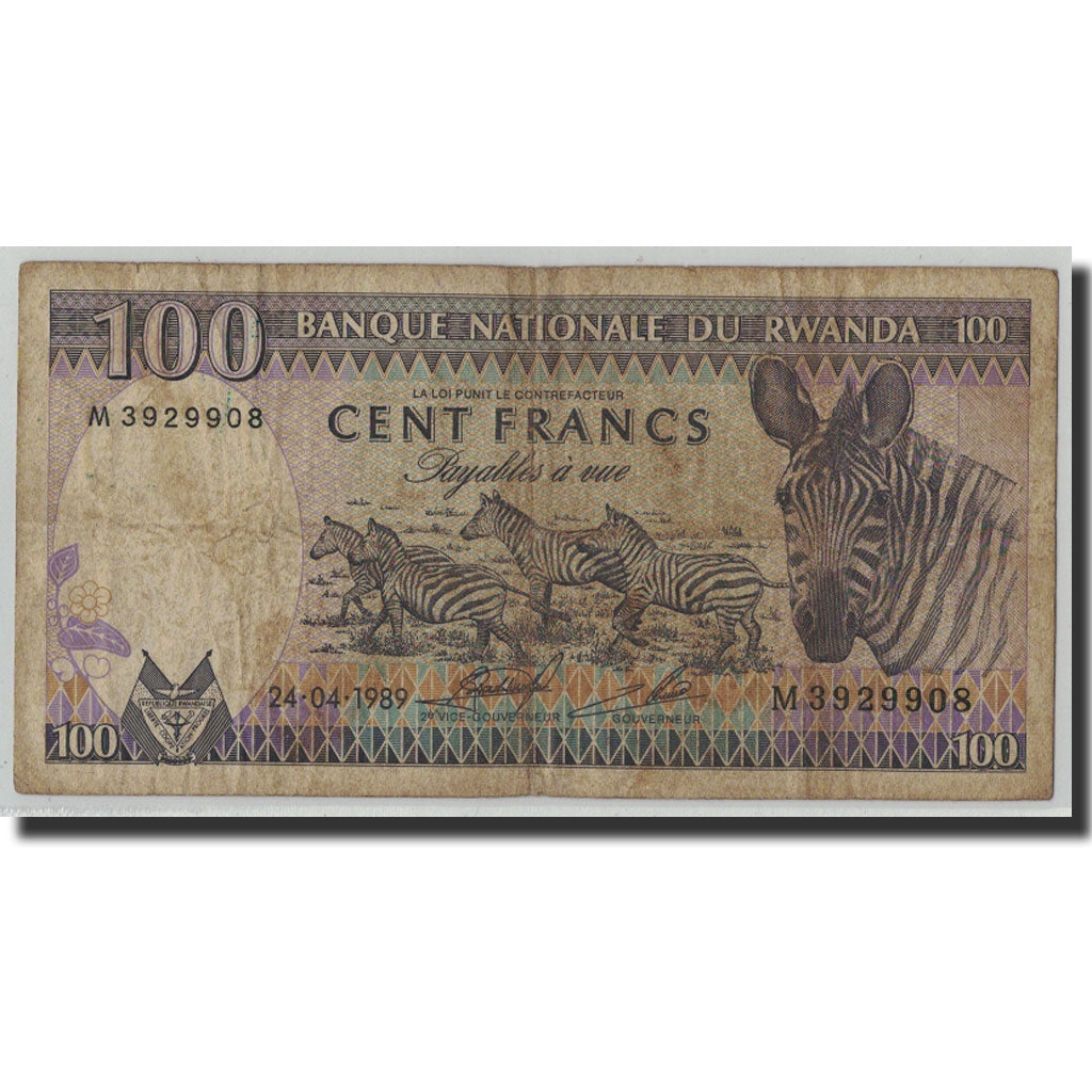 Banknote, Rwanda, 100 Francs, 1989, 1989-04-24, KM:19, VG(8-10)