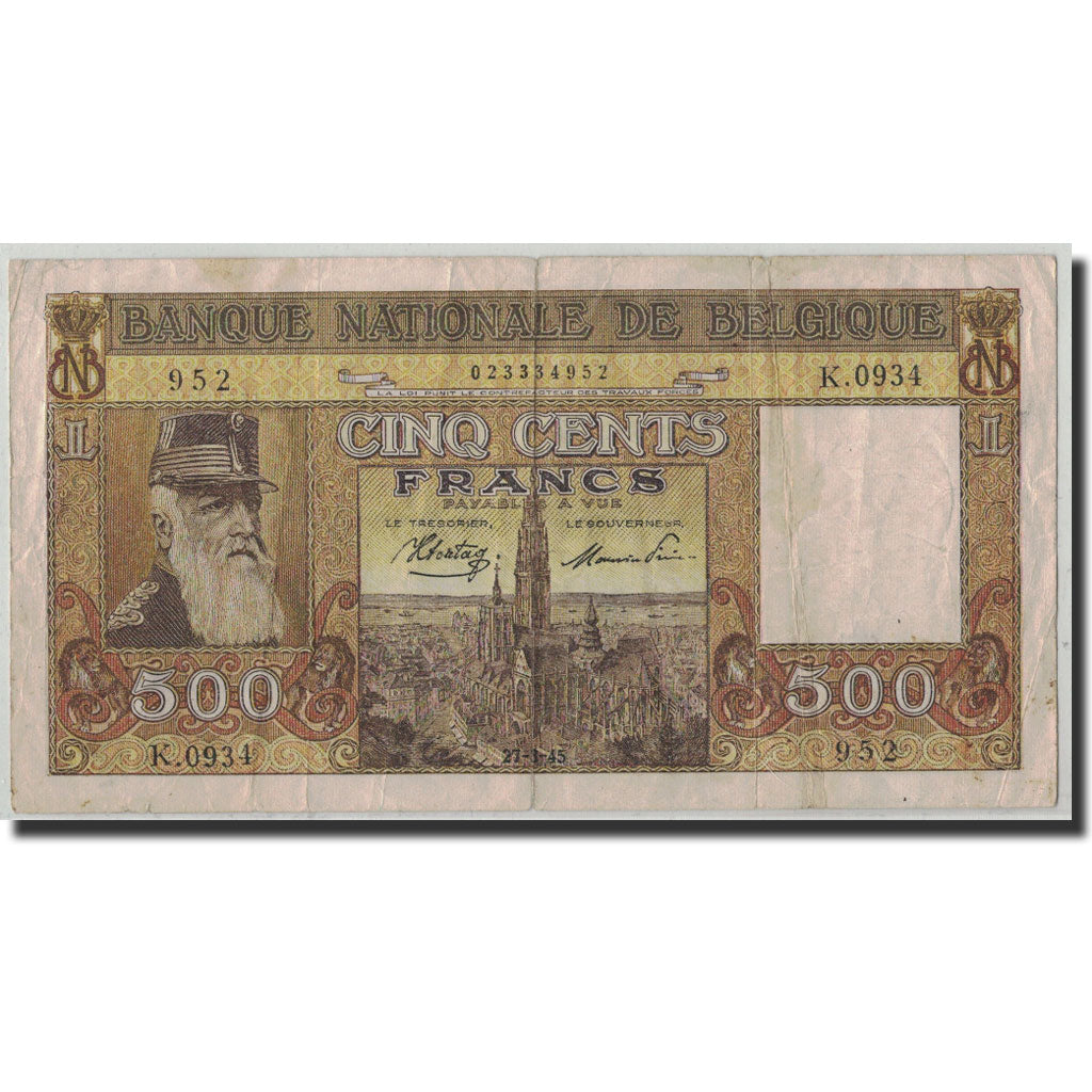 Banknote, Belgium, 500 Francs, 1945, 1945-03-27, KM:127a, VF(20-25)
