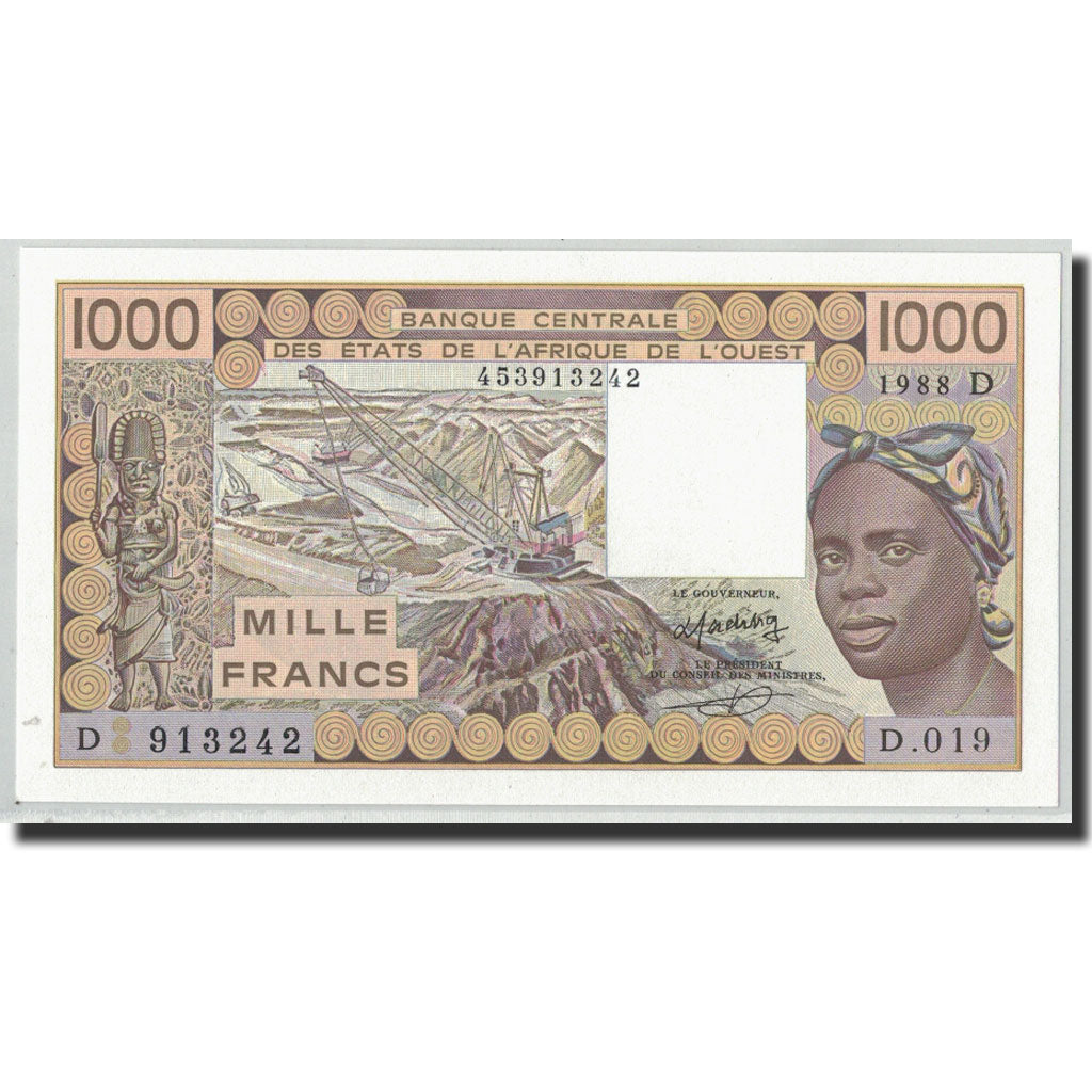 Banknote, West African States, 1000 Francs, 1988, KM:406Da, UNC(65-70)