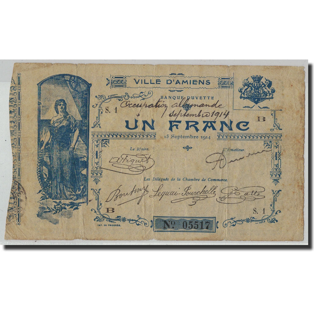 France, Amiens, 1 Franc, 1914, VF(20-25), Pirot:80-02