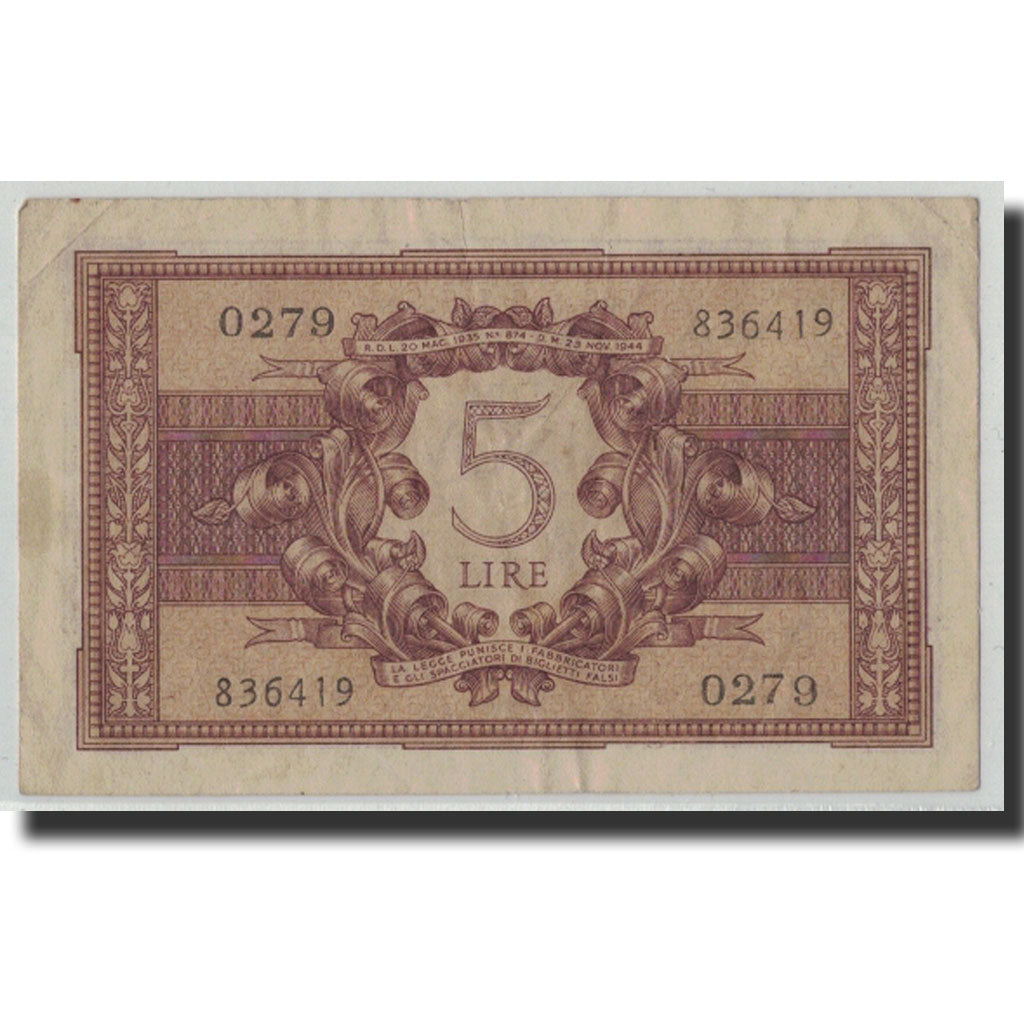 Banknote, Italy, 5 Lire, 1944, 1944-11-23, KM:31b, F(12-15)