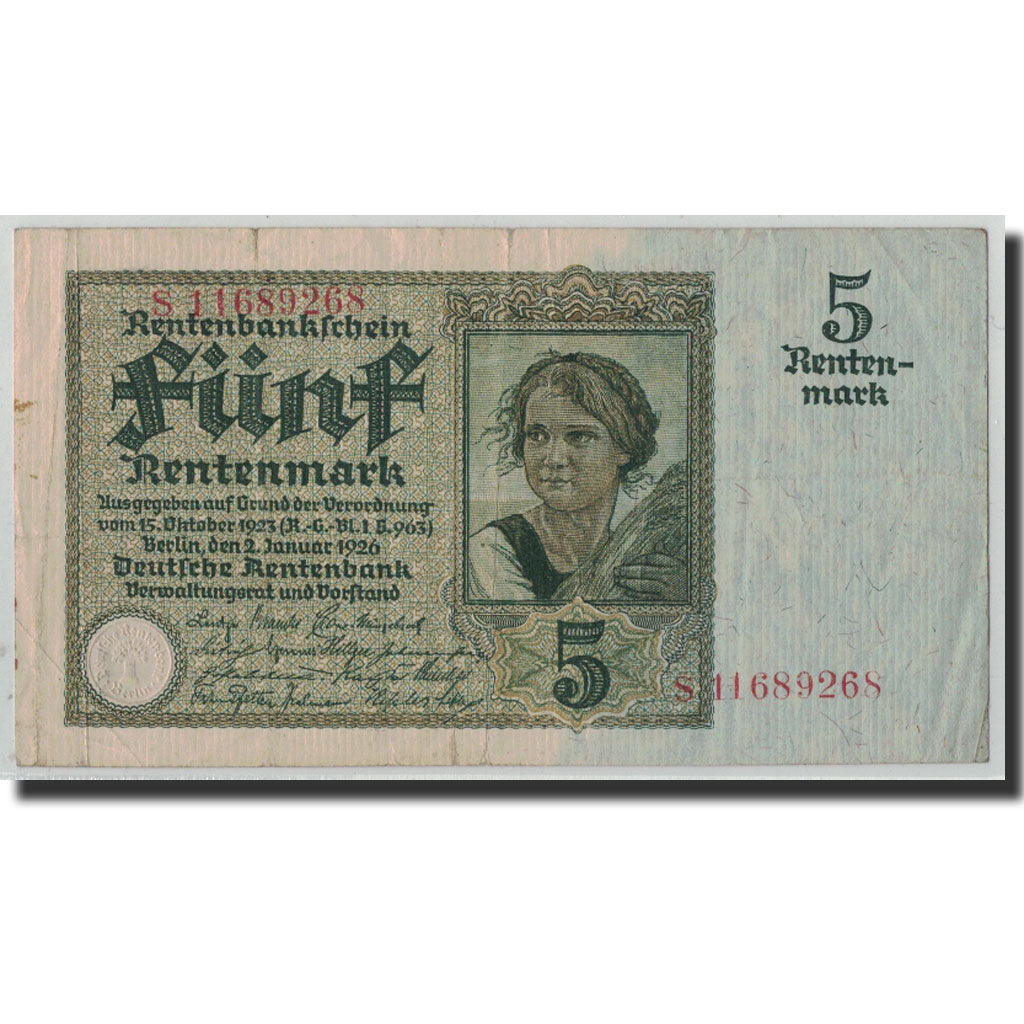 Banknote, Germany, 5 Rentenmark, 1926, 1926-01-02, KM:169, EF(40-45)