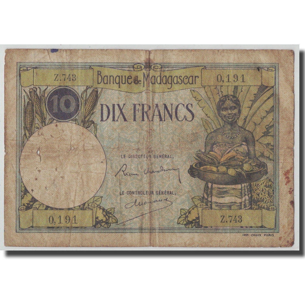 Banknote, Madagascar, 10 Francs, KM:36, F(12-15)