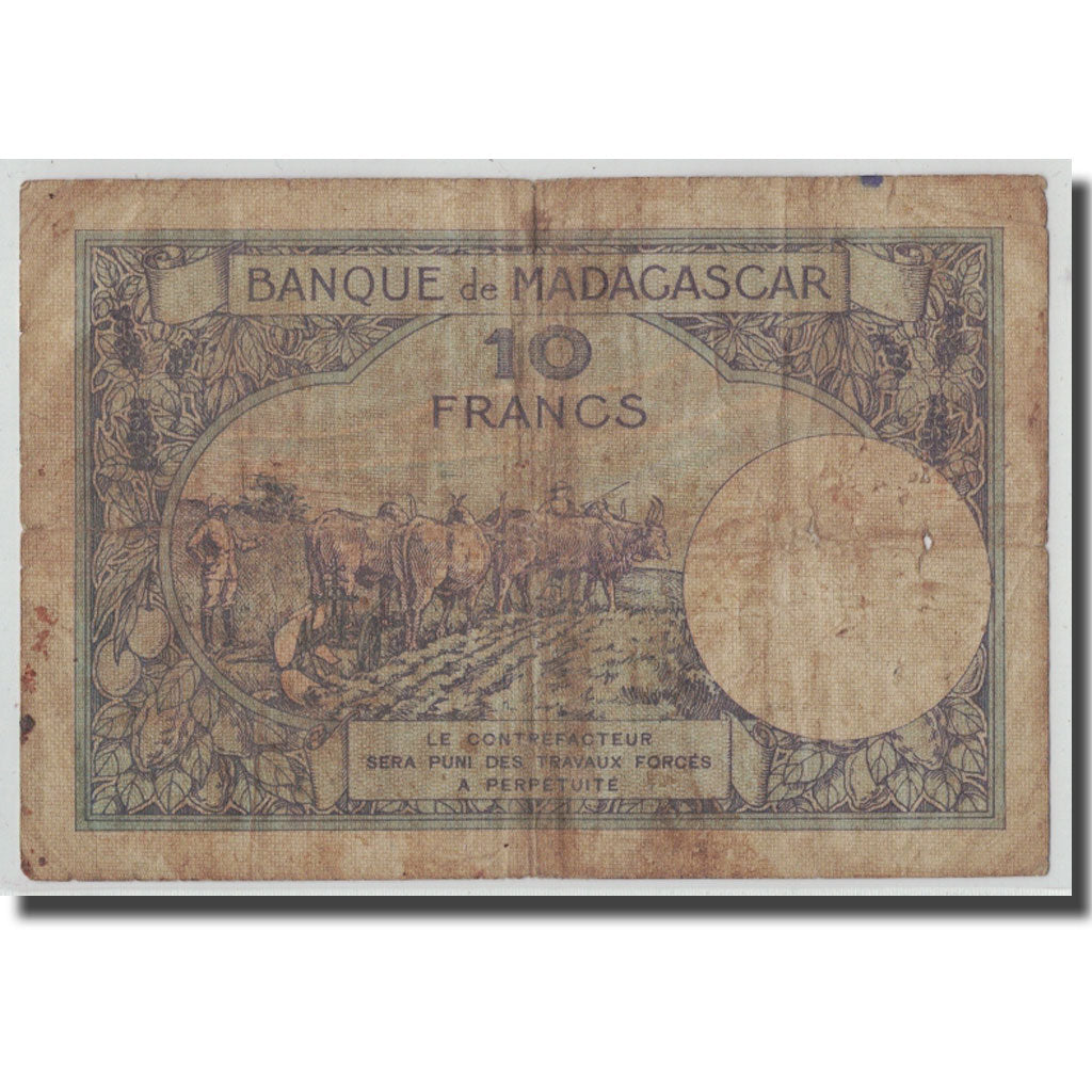 Banknote, Madagascar, 10 Francs, KM:36, F(12-15)