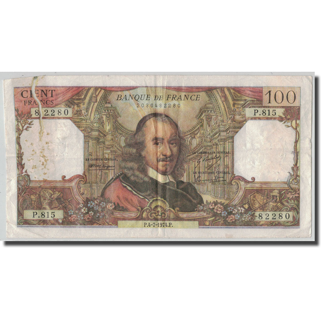 France, 100 Francs Corneille, 1974-07-04, VG(8-10), Fayette:65.46, KM:149d