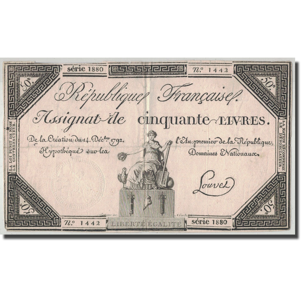 France, 50 Livres, 1792, Louvet, 1792-12-14, VF(20-25), KM:A72, Lafaurie:164