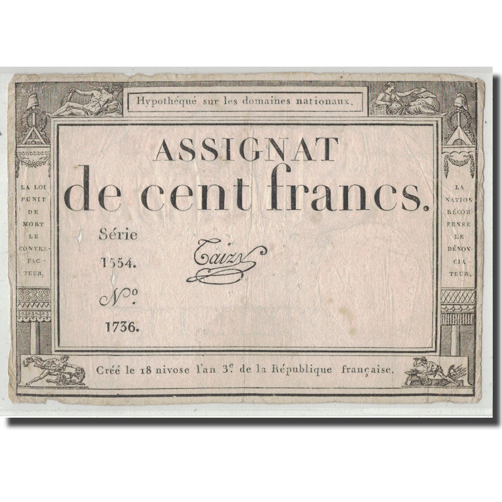 Frankreich, 100 Francs, 1795, Taizy, 7.1.1795, S, KM:A78, Lafaurie:173