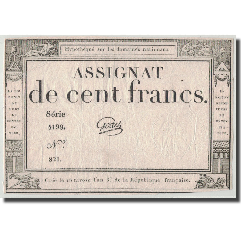 Frankrijk, 100 Francs, 1795, Godet, 7.1.1795, TB, KM:A78, Lafaurie:173