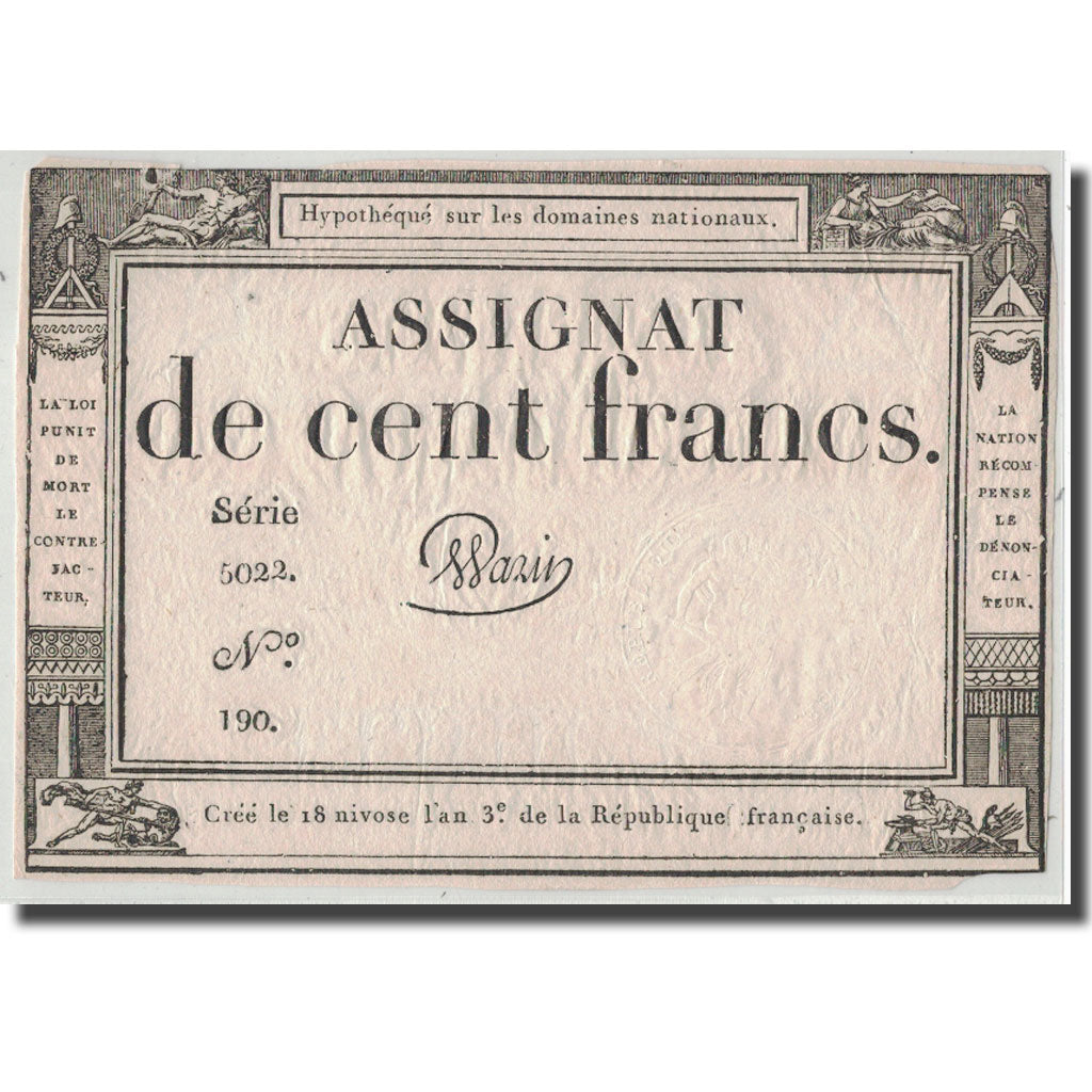 Francja, 100 Francs, 1795, Warin, 7.1.1795, VF(20-25), KM:A78, Lafaurie:173