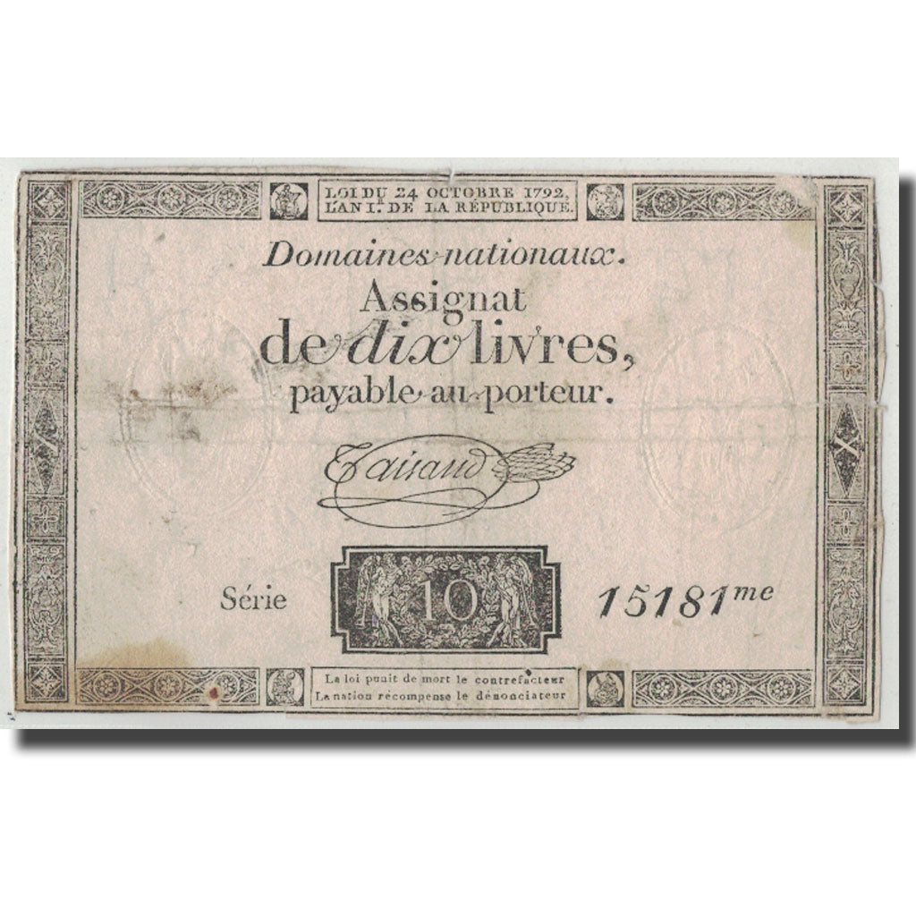 France, 10 Livres, 1792, Taisaud, 1792-10-24, VF(20-25), KM:A66b, Lafaurie:161b