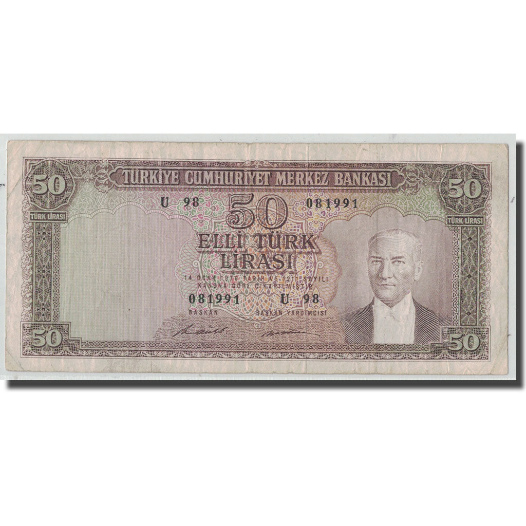Banknote, Turkey, 50 Lira, L.1970, 1971-08-02, KM:187Aa, VF(20-25)
