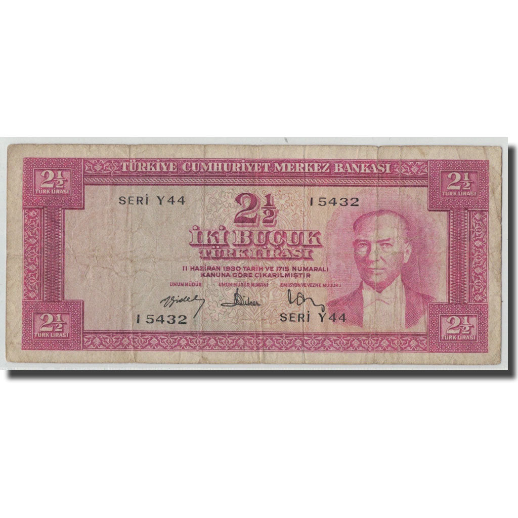 Banknote, Turkey, 2 1/2 Lira, L.1930, 1957-07-01, KM:152a, F(12-15)