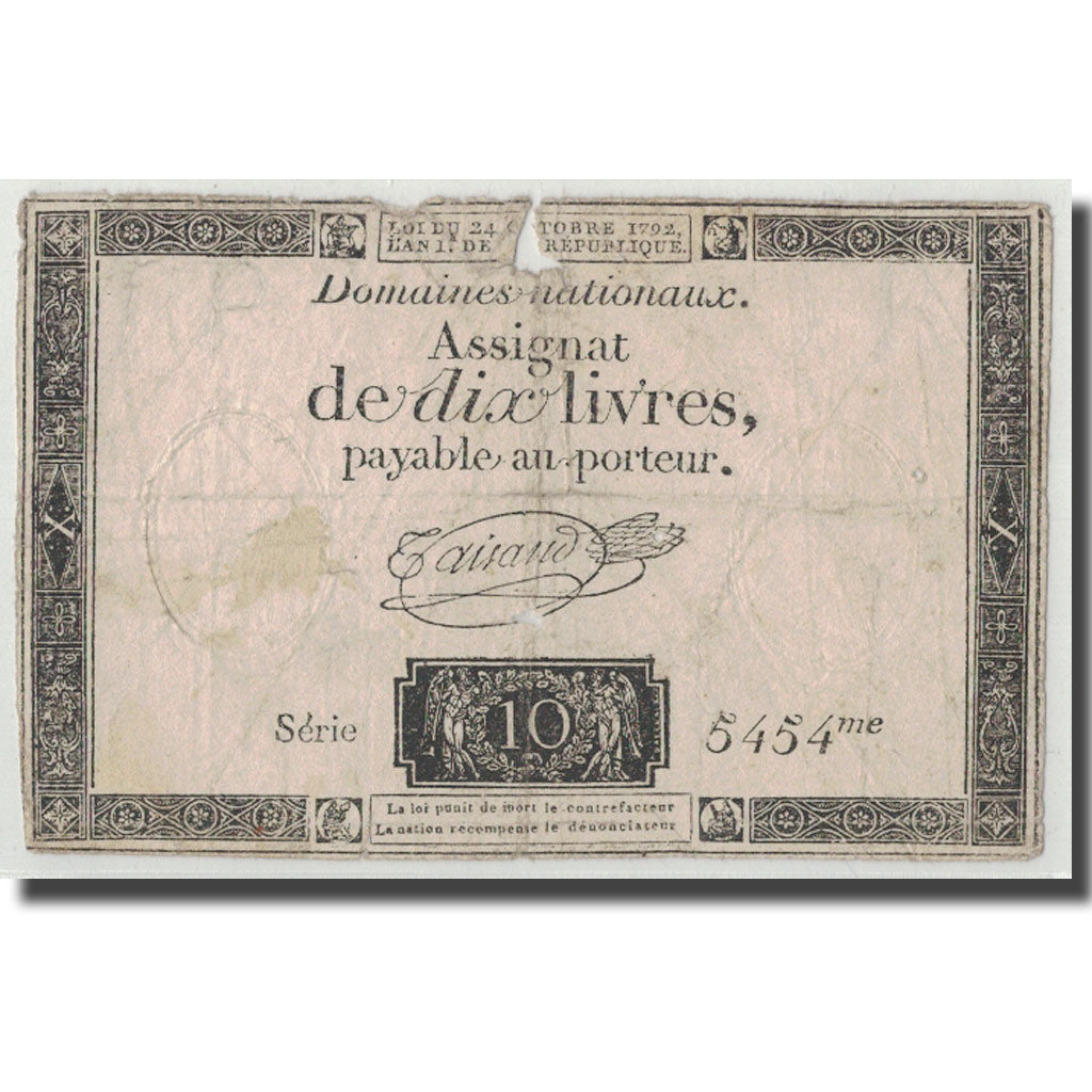 France, 10 Livres, 1792, Taisaud, 1792-10-24, VG(8-10), KM:A66b, Lafaurie:161b