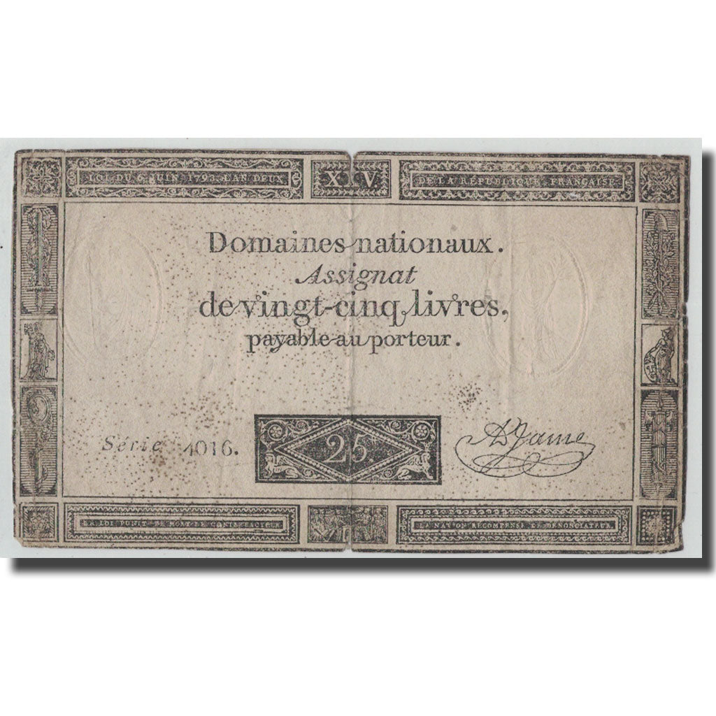 France, 25 Livres, 1793, A.Jame, 1793-06-06, VF(20-25), KM:A71, Lafaurie:168