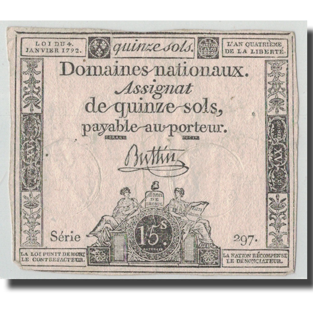 France, 15 Sols, 1792, Buttin, 1792-01-04, VF(20-25), KM:A54, Lafaurie:149