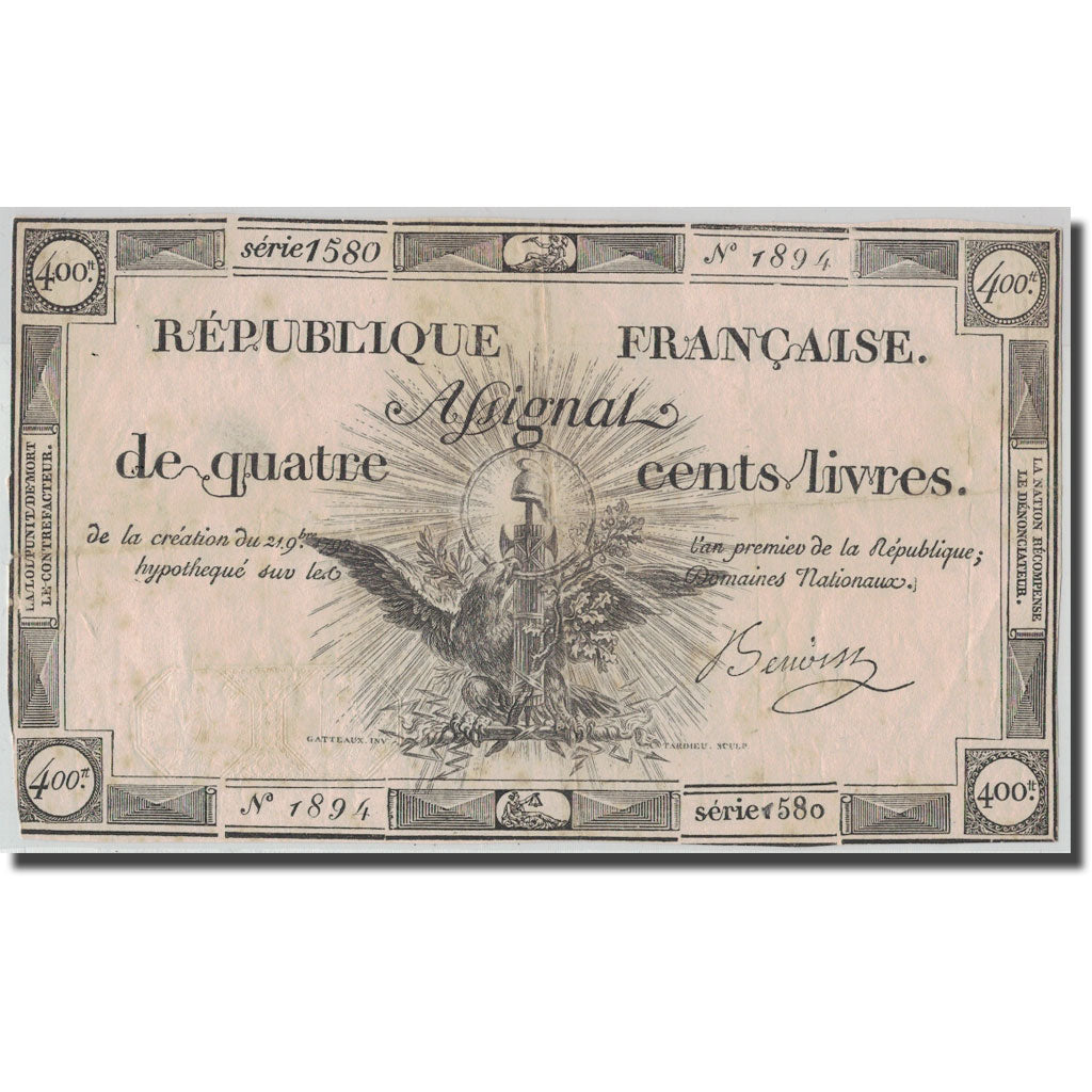 France, 400 Livres, 1792, Benoist, 1792-11-21, VF(30-35), KM:A73, Lafaurie:163