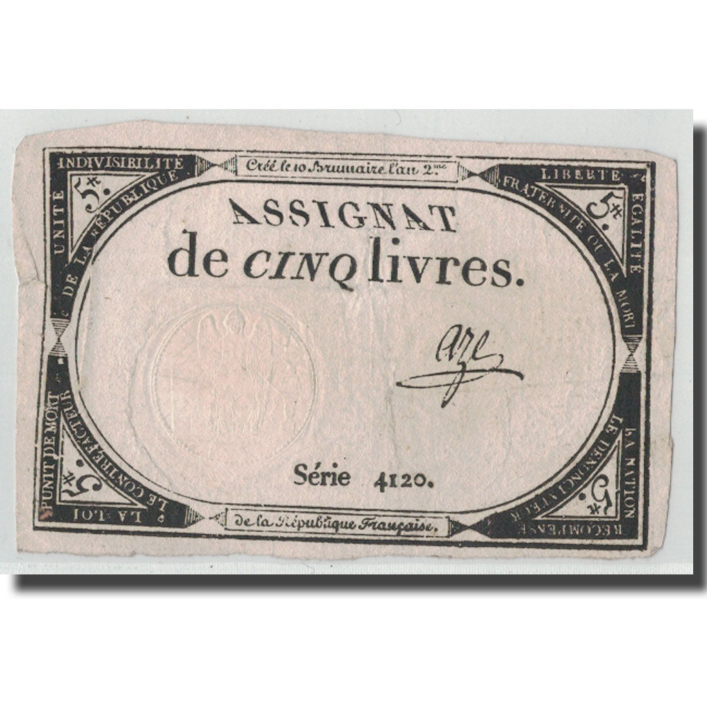 France, 5 Livres, 1793, Aze, 1793-10-31, VF(20-25), KM:A76, Lafaurie:171