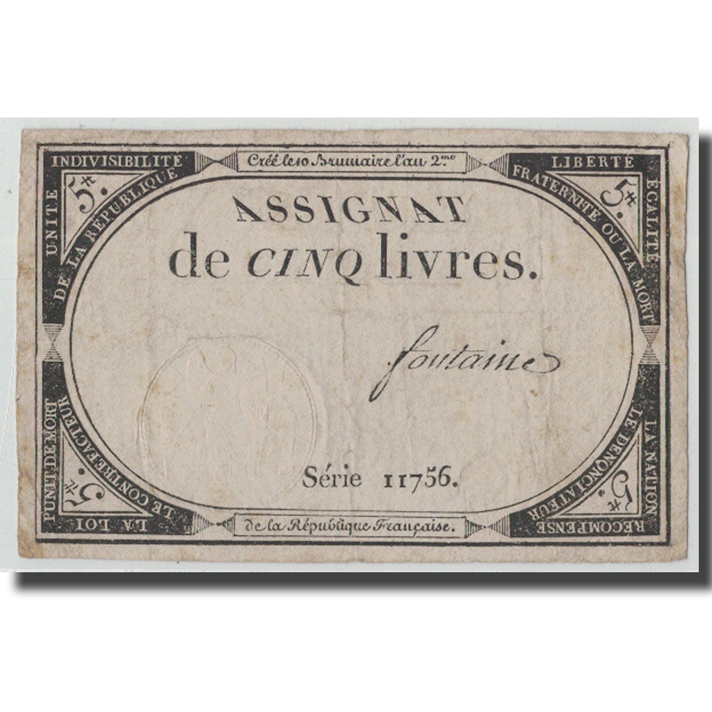 France, 5 Livres, 1793, Fontaine, 1793-10-31, F(12-15), KM:A76, Lafaurie:171