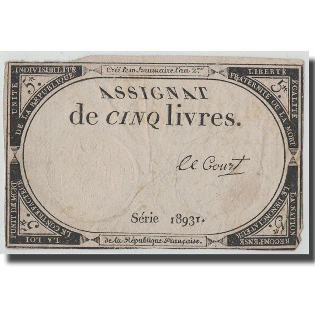 France, 5 Livres, 1793, Lecourt, 1793-10-31, F(12-15), KM:A76, Lafaurie:171